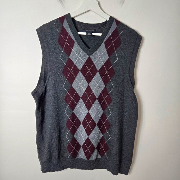 Banana Republic Size L Silk Cashmere Argyle Gray Sweater Vest Men's - Picture 1 of 9